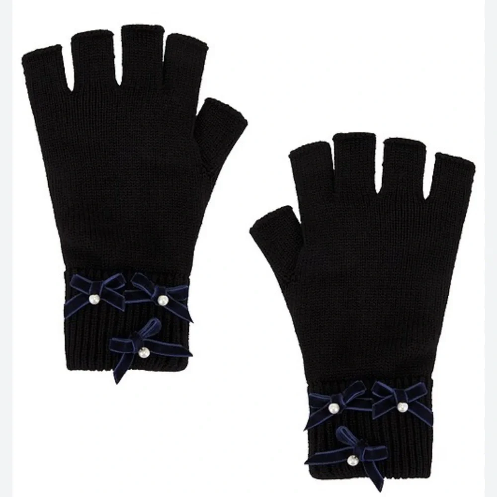 Lele Sadoughi Black Bow Embellished Fingerless Knit Gloves NWT